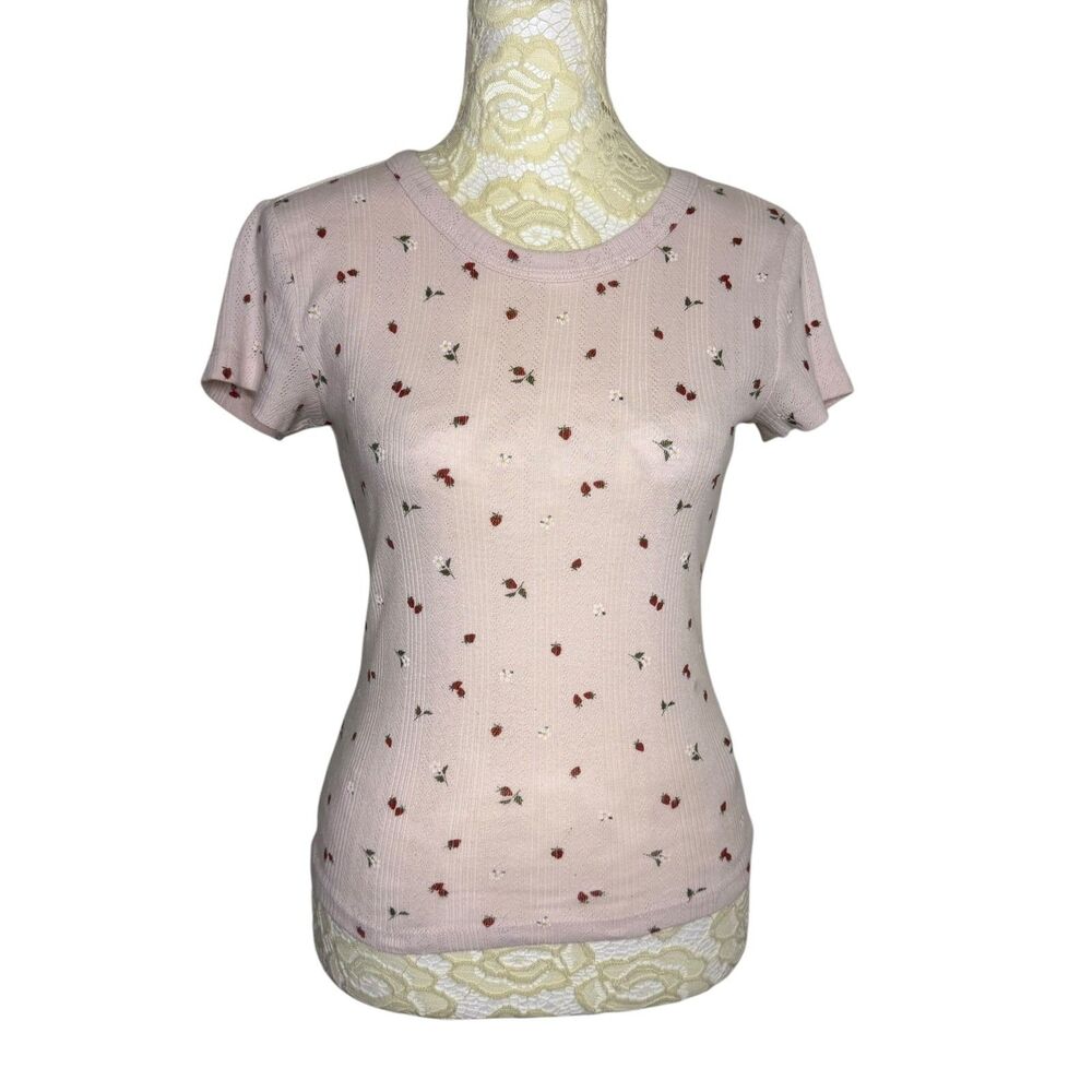 Arizona Jean Co Pointelle Strawberry Fitted T Shirt Baby Tee Top Pink Junior S